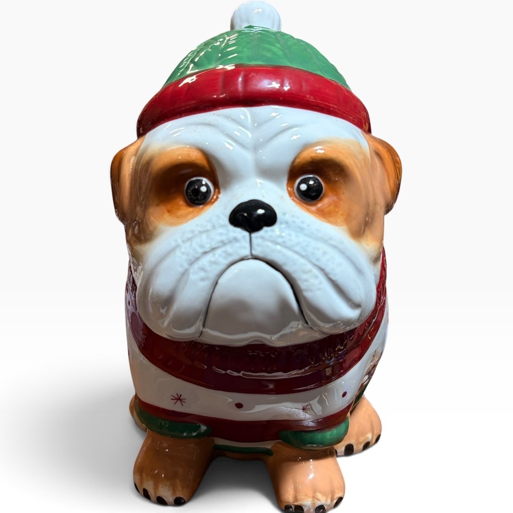 Sleigh Bell Bistro Christmas Bulldog Cookie Jar Holiday Sweater Ceramic Dog 10"